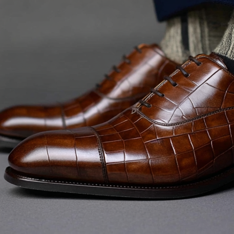 Brown Croc Print Leather Woodford Balmoral Toe Cap Oxfords - Formal Shoes