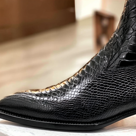 Black Croc/Python/Snake Animal Print Leather Alessia Slip On Zipper Pointed Boots for Men - ITALIAN AW26