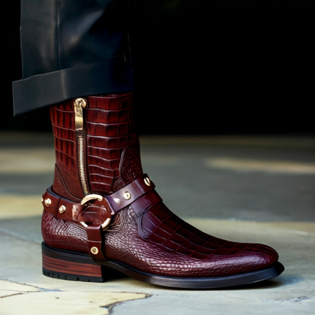 Burgundy Brown Crocodile Print Leather Dewton Slip On Harness Zipper Boots for Men