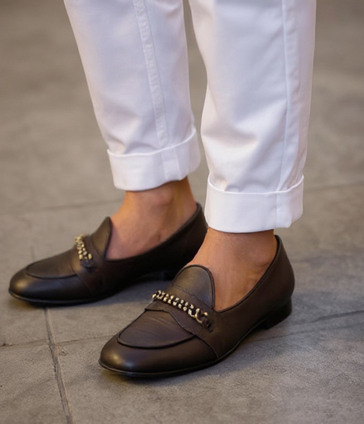 Brown Leather Guida Loafers With Chain