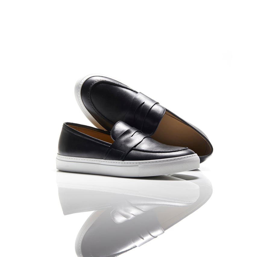 Black Leather Phoebe Slip On Penny Sneakers with White Soles