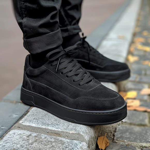 Black Suede Leather Lattanzio With Thick Sole Sneakers