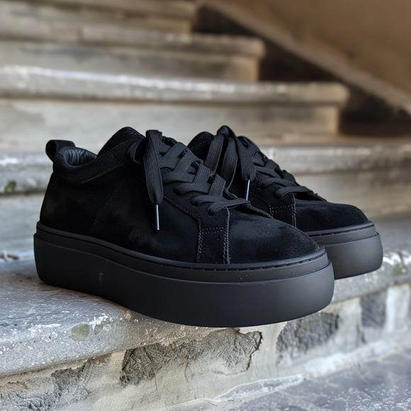 Black Suede Leather Lazzaro With Thick Sole Sneakers