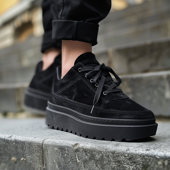 Black Suede Leather Leandro With Thick Sole Sneakers