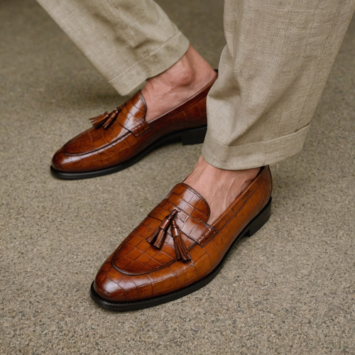 Tan Croc Print Leather Belize Chunky Tassel Loafers - With Track Soles - AW24