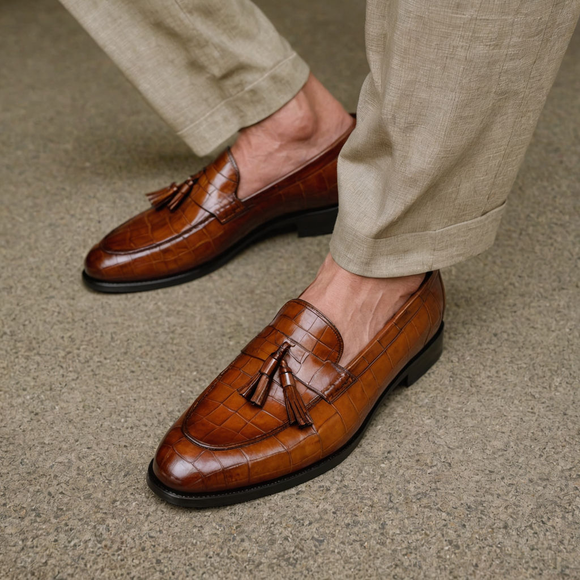 Tan Croc Print Leather Belize Chunky Tassel Loafers - With Track Soles - AW24