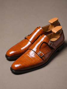 Tan Croc Print Leather Lysander Toe Cap Monk Straps