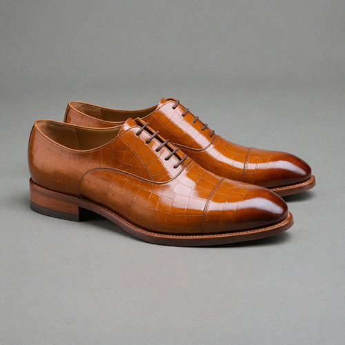 Tan Croc Print Leather Woodford Balmoral Toe Cap Oxfords - Formal Shoes