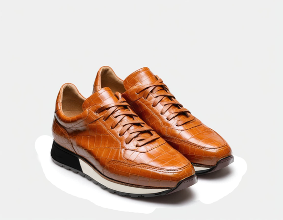 Tan Croc Print Leather Nausori Lace Up Running Sneaker Shoes