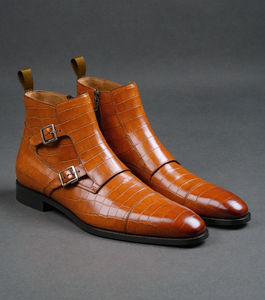 Tan Croc Print Leather Bordeaux Monk Strap Boots