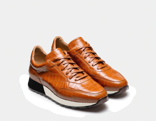 Tan Croc Print Leather Nausori Lace Up Running Sneaker Shoes