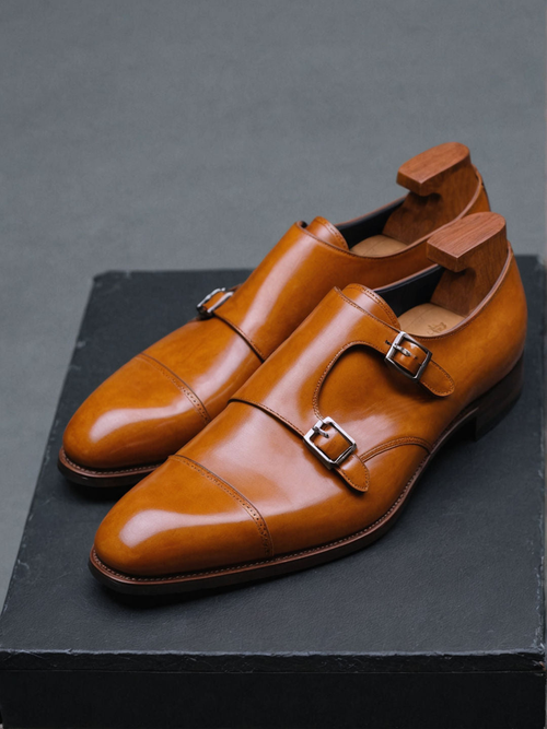 Tan Leather Lysander Toe Cap Monk Straps