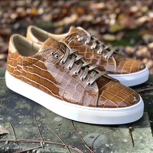 Tan Croc Print Leather Quasimodo Lace Up With White Sole Sneakers