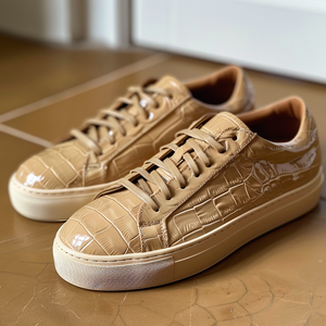 Tan Croc Print Leather Pasquale Lace Up Sneakers