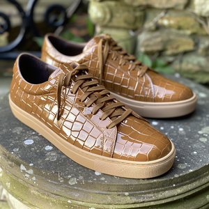 Tan Croc Print Leather Patrizio Lace Up Sneakers