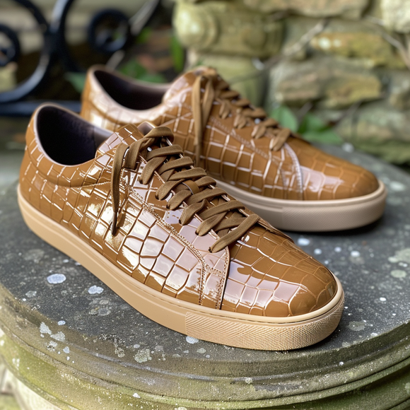 Tan Croc Print Leather Patrizio Lace Up Sneakers