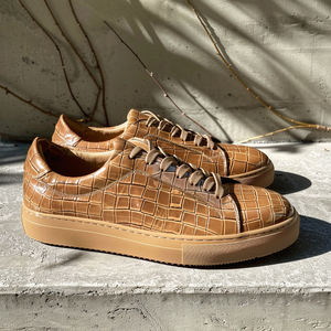 Tan Croc Print Leather Pellegrino Lace Up Sneakers