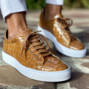 Tan Croc Print Leather Placido Lace Up With White Sole Sneakers