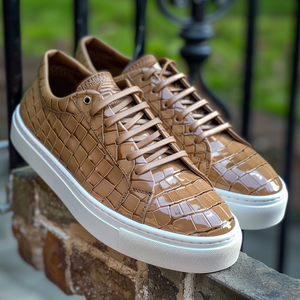 Tan Croc Print Leather Quarto Lace Up With White Sole Sneakers