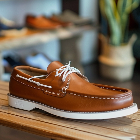 Tan Rinaldo Boat Shoes with White Sole