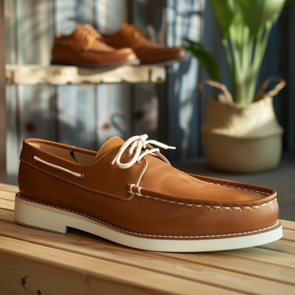 Tan Primo Boat Shoes with White Sole