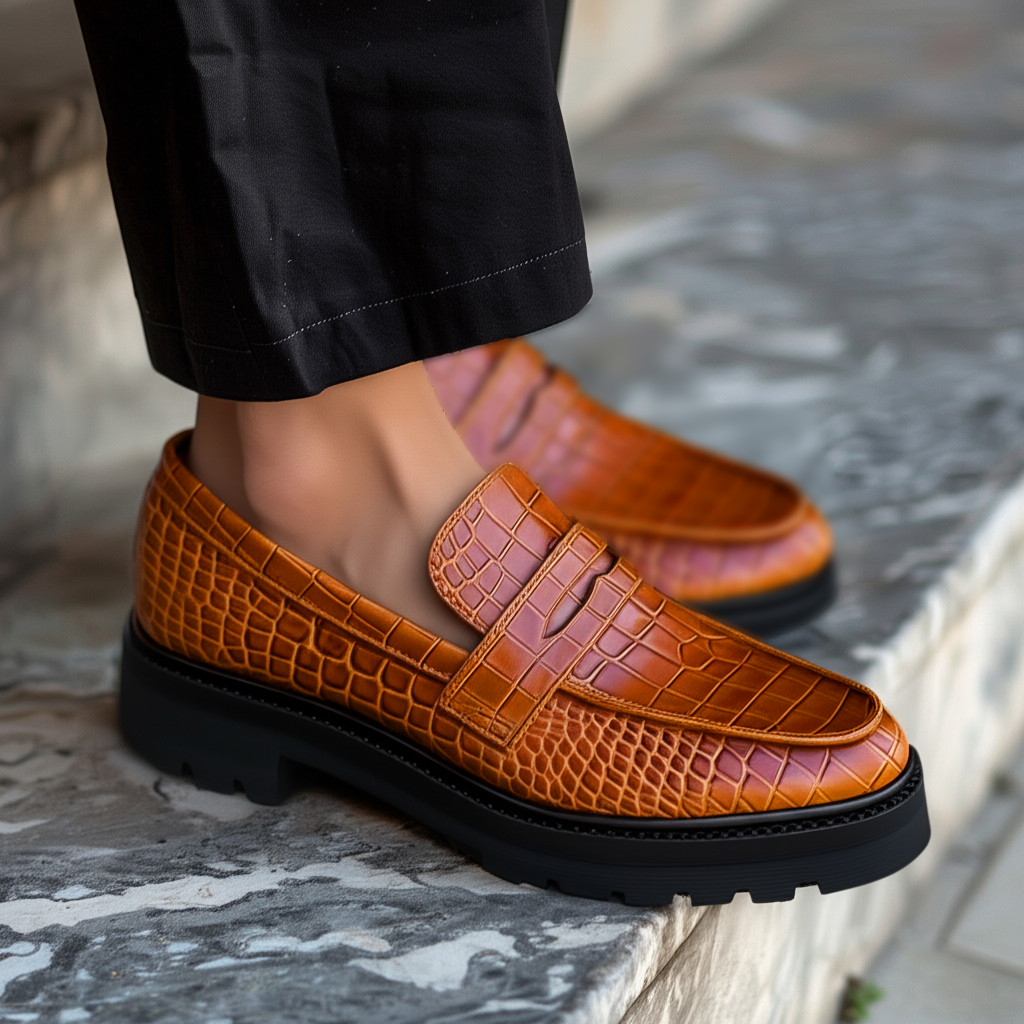 Tan Croc Print Leather Aristide With Thick Sole Loafers
