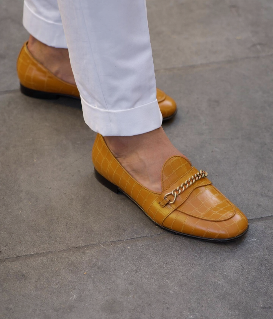 Tan Croc Print Leather Guida Loafers With Chain