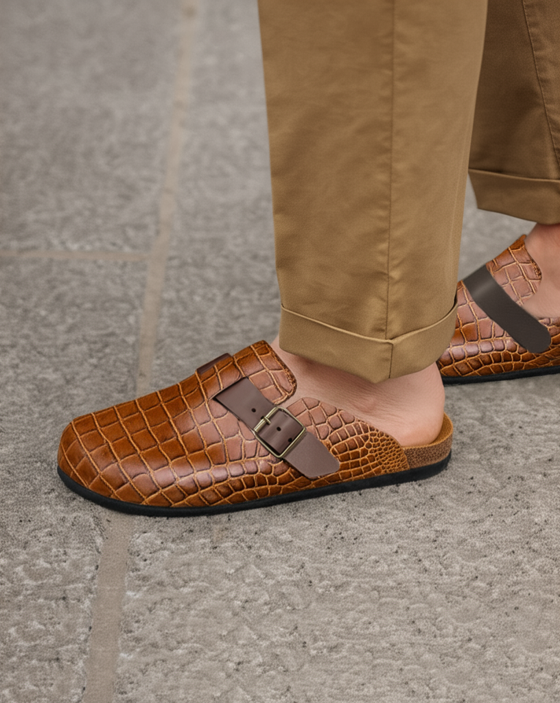 Tan Croc Print Leather Pedestal Platforms Clogs - Summer 2024 Collection