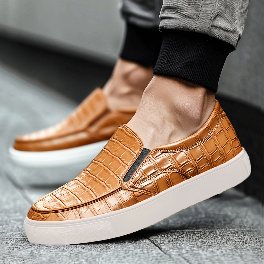 Tan Croc Print Leather Wheat Whisper Slip On Sneakers  - Summer 2024 Collection