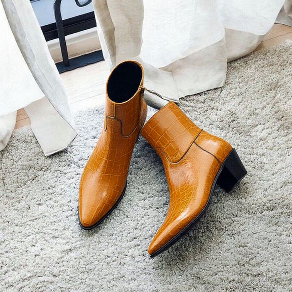 Tan Croc Print Leather Fiorina Slip On Zipper Pointed Boots for Men - AW24