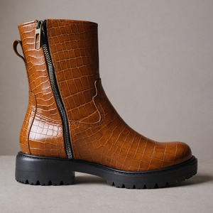 Tan Croc Print Leather Massimiliano With Thick Sole Zipper Boots