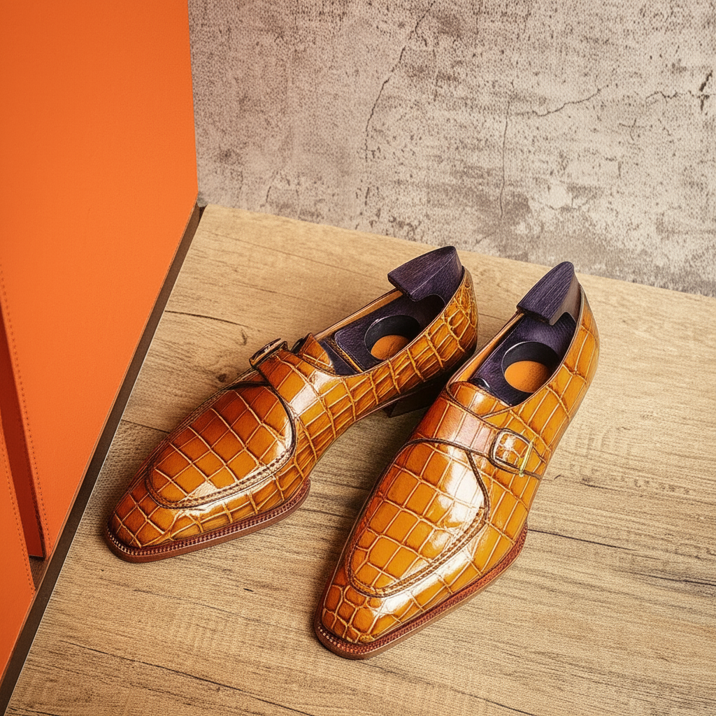 Tan Croc Print Leather Algarve Single Monk Straps - AW24