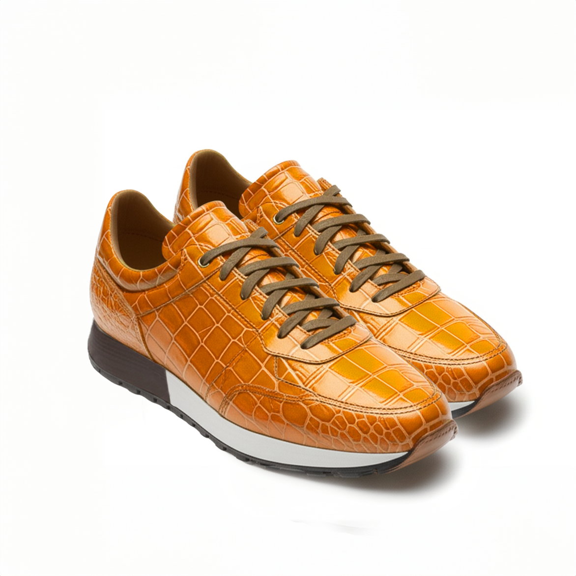 Tan Croc Print Leather Nausori Lace Up Running Sneaker Shoes