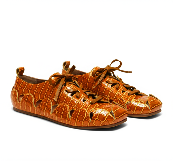 Tan Croc Print Leather Amigo Lace-Up Sneakers