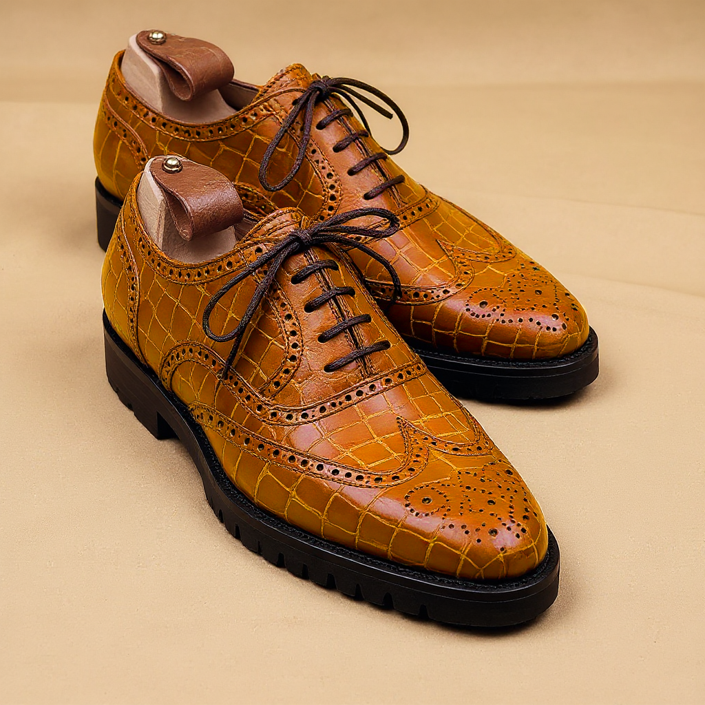 Tan Croc Print Leather Rene Brogue Chunky Oxfords Shoes WORK EDITION - ITALIAN AW26