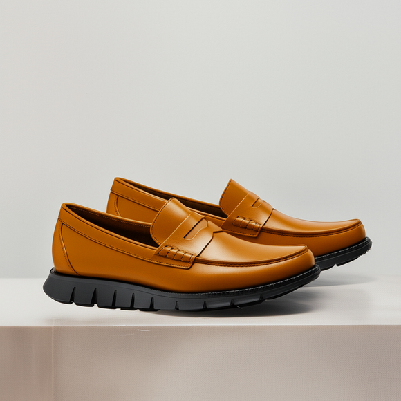 Tan Leather Evarado Penny Loafers with Black Hybrid Sole - SS23