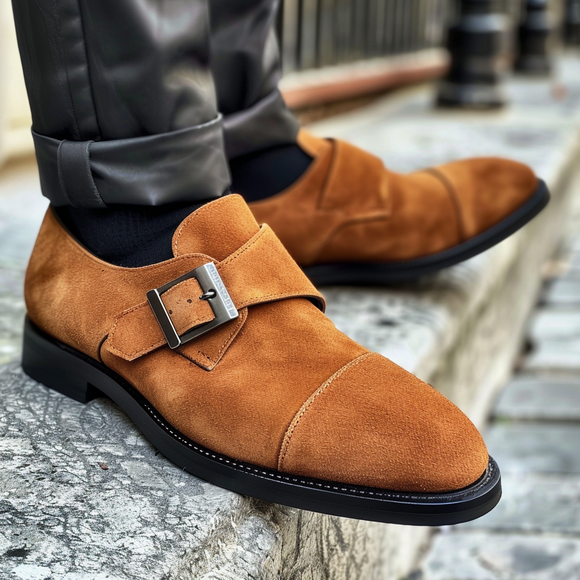 Tan Suede Leather Goffredo With Thick Sole Monk Straps