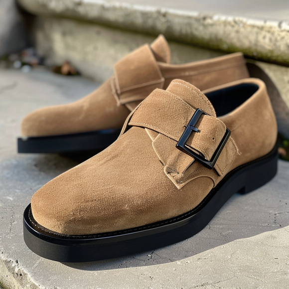 Tan Suede Leather Gregorio With Thick Sole Monk Straps