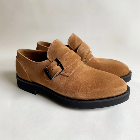 Tan Suede Leather Guarniero With Thick Sole Monk Straps