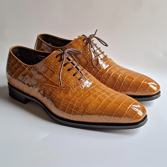 Macario Tan Leather Croc Print Oxford