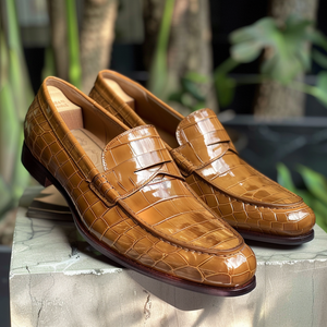 Tan Croc Print Leather Enoch Loafers