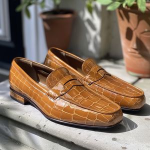 Tan Croc Print Leather Demetrio Loafers