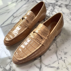 Tan Croc Print Leather Demetrio Loafers