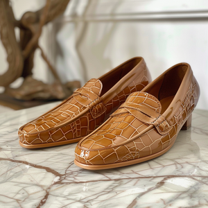 Tan Croc Print Leather Domenico Loafers