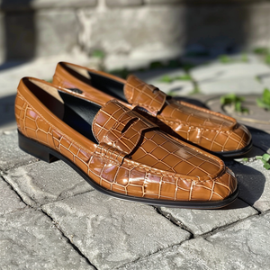 Tan Croc Print Leather Efisio Loafers