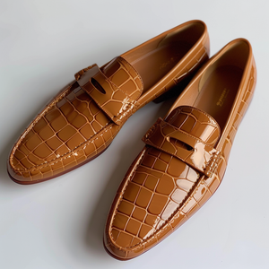 Tan Croc Print Leather Emanuele Loafers