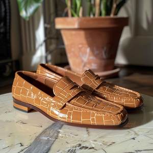 Tan Croc Print Leather Enea Loafers