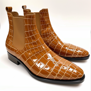 Tan Croc Print Leather Rinaldo ride Slip On Chelsea Boots