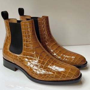 Tan Croc Print Leather Ruggiero ride Slip On Chelsea Boots