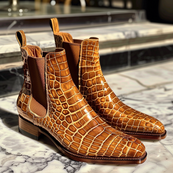 Tan Croc Print Leather Sabatino ride Slip On Chelsea Boots